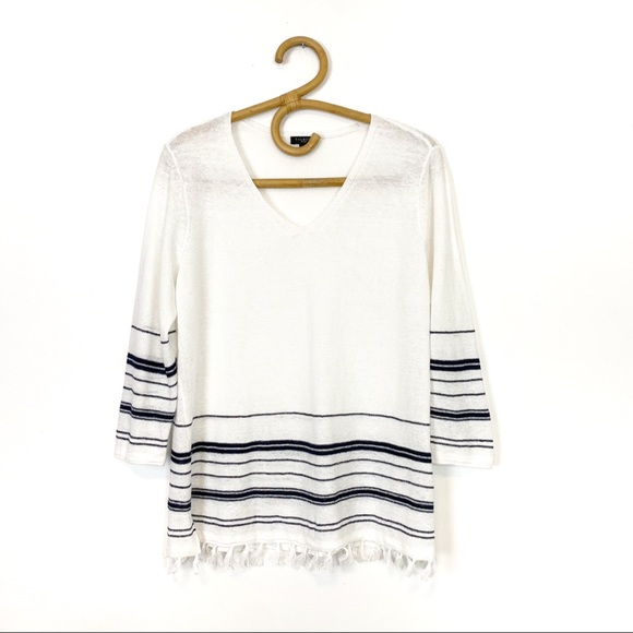Talbots | Linen Tassel Trim Sweater Striped 3/4 Sleeve Size M Petite - Picture 3 of 10